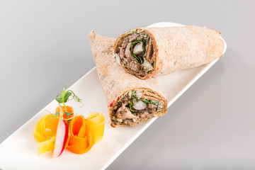 Delicious organic chicken shawarma for healthy living. Fresh homemade food Photogrphy perfect for takeaway and delivery concept.