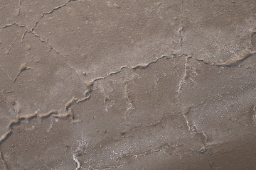 Sandy bottom of a dried reservoir with cracks and salt crystals.