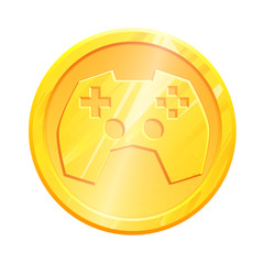 Gold coin gamepad icon. Leisure and entertainment logo. Video game controller sign joystick. Simple isolated pictogram. Esports play vector design. Control symbol