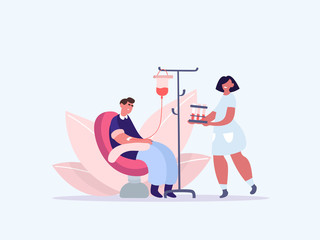 Volunteers in Medical Hospital Donating Blood. People donate blood. World Blood Donor Day. Female nurse doing a blood test to a patient. Health Care. Vector illustration of a flat design