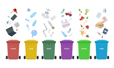 Waste bins. Rubbish bins for recycling different types of waste. Sort plastic, organic, e-waste, metal, glass, paper. Types baskets and garbage vector illustration
