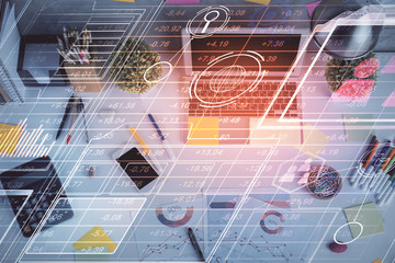 Obraz premium Double exposure of data drawing hologram over topview of study desk background with computer. Concept of Ai.