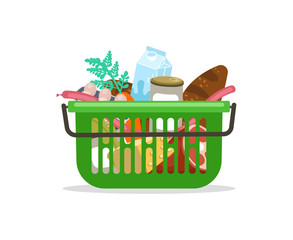 Shopping basket full of groceries products. Grocery store. Eco shopping bags and baskets with food. Vector supermarket illustration