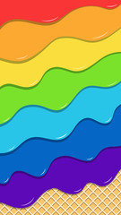 The concept of rainbow ice cream, multicolored, waffle. Vector vertical abstract banner, melting ice cream, sweets, joy. Place for text. Copyspace.
