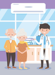 physician professional and grandpa grandma clinic, doctors and elderly people