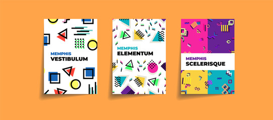 Set of memphis style posters. Abstract elements set. Memphis style card, cover design set. Geometric happy colorful Memphis neo, Modern Pattern Concept Vector. Hipster poster, juicy, bright color.