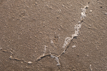 Sandy bottom of a dried reservoir with cracks and salt crystals.