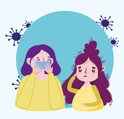cartoon women with mask and running nose covid 19 coronavirus pandemic prevention