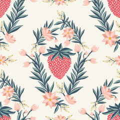 Tropical vintage seamless pattern with strawberry - vector luxury background