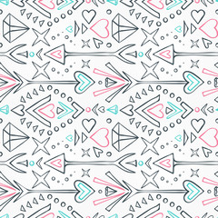 Seamless pattern with arrows, diamonds, hearts, geometric elements