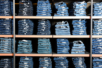 Collection of stylish jeans on shelves in shop