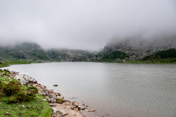 Ultra angular view of lake Enol in Covadonga, Asturias, northern Spain