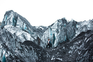 model exploring foggy iceberg in Iceland, unusual unique landscape