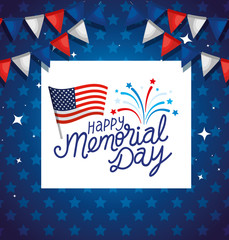 happy memorial day with flag usa and garlands hanging vector illustration design