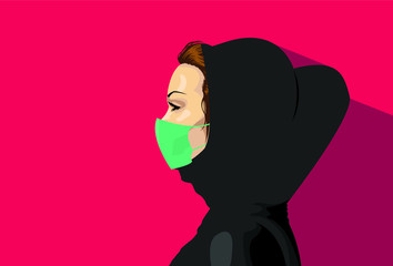 Arab women wearing medical mask to prevent disease, flu, air pollution, contaminated air, coronavirus. Vector illustration.