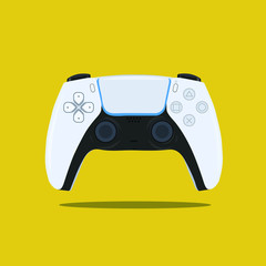 realistic video game controller on yellow background, isolated, pay station 5 joystick Vector Illustration. © Moez
