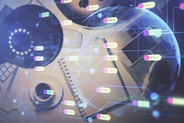 Multi exposure of data theme drawing hologram over topview work desk background with computer. Concept of technology.
