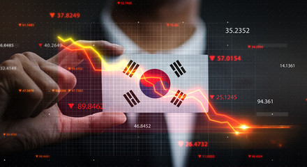 Graph Falling Down in Front Of South Korea Flag. Crisis Concept
