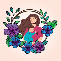 woman pregnant carrying baby boy with flowers decoration vector illustration design