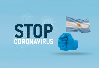 COVID-19 Visual concept - hand-text Stop Coronavirus, hand-gesture versus virus infection, clenched fist holds flag of Argentina. Pandemic 3D illustration.
