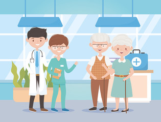 physician nurse and grandparents hosptial, doctors and elderly people