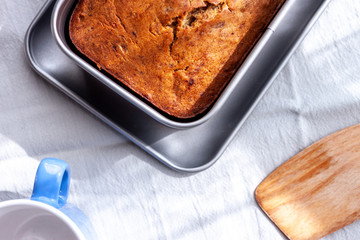 homemade bana bread closeup in baking dish