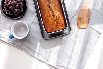 homemade bana bread closeup in baking dish