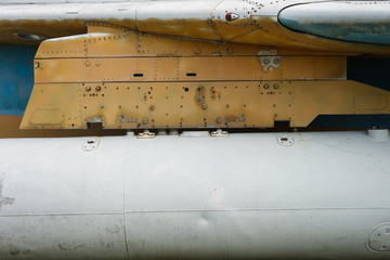 Suspended fuel tank on a military aircraft. Design elements and details of the old Soviet jet bomber.