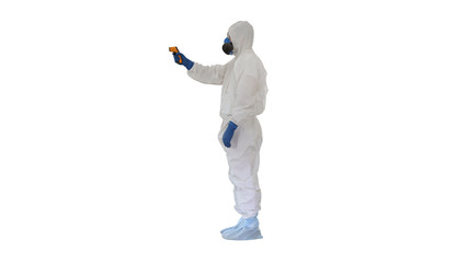 Doctor wearing protective clothes using infrared forehead thermo