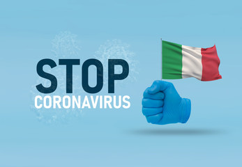 COVID-19 Visual concept - hand-text Stop Coronavirus, hand-gesture versus virus infection, clenched fist holds flag of Italy. Pandemic 3D illustration.