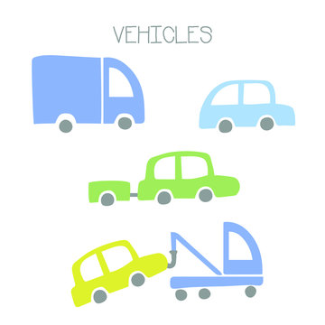 Collection of vehicles. Doodle Scandinavian style. White background. Vector illustration. 