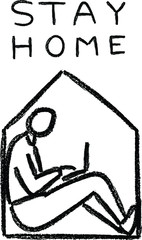 stay at home hand drawn crayon illustration man working on a laptop inside a house