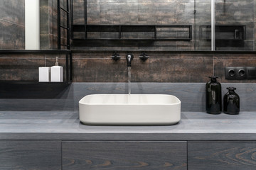 Interior of luminous modern bathroom with bronze walls