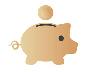 Piggy bank. Golden money box with falling gold coin. Saving money in coin box. Save and invest concept. Vector illustration isolated on white.