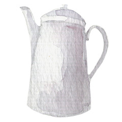White tea coffee pot. Watercolor