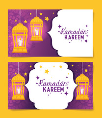 set poster of ramadan kareem with lanterns hanging vector illustration design