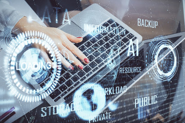 Multi exposure of woman hands working on computer and data theme hologram drawing. Tech concept.
