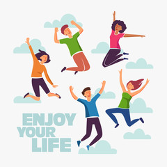 Group of young people jumping on white background with copy space. Stylish modern vector illustration with happy male and female teenagers Party, sport, dance and friendship team concept