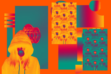 girl chewing gum. art. creative colors. floor lamp. multicolor