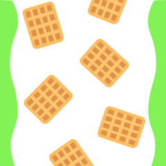 Breakfast template  illustration. Waffles with berries in the plate, coffee, orange juice, milk on the wood background top view, flat lay illustration