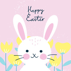 Happy Easter holiday wishes card with a cute white bunny, yellow flowers and pink background. 