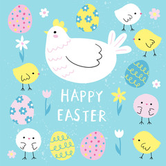 Happy Easter card with a hen, various chickens, eggs and flowers. Holiday greetings from colorful characters drawn in cartoon style.