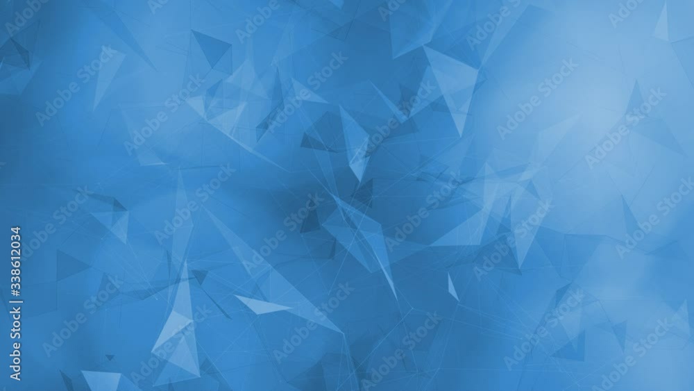 Poster digital 3d triangles shapes in slowly motion on a blue, copy space background.