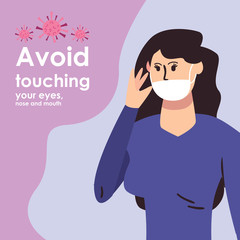 Design of prevention of covid 19, Woman with mouthmask touching her face