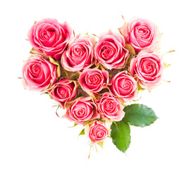 Heart symbol made of fresh pink-red Rose flowers isolated on white background. Love concept for Valentines and Mothers Day