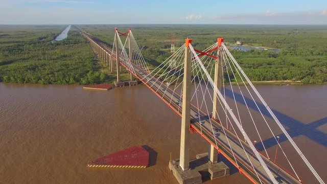 Aerial video of bridge. Slow pull out shot. Zarate. Buenos Aires. Argentina.