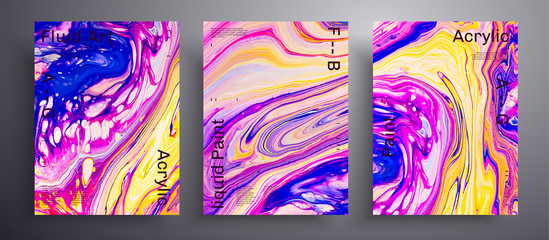Abstract vector poster, texture pack of fluid art covers. Trendy background that can be used for design cover, invitation, flyer and etc. Yellow, blue, pink and white creative iridescent artwork