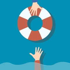 Support for colleague, giving him a lifebuoy. Metaphor of teamwork, cooperation, helping hand. Vector illustration isolated on white background	