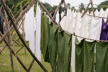 Historic Dhobi Khana (Traditional Laundry) in Kochi (Cochin), Kerala, India
Green and white laundry hanging out to dry at the historic Dhobi Khana (Traditional laundry) in Kochi (Cochin) Kerala, India