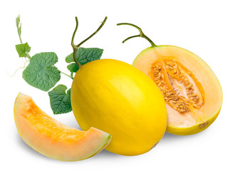 Yellow cantaloupe melon isolated on white background, Golden melon fruit on White With clipping path.